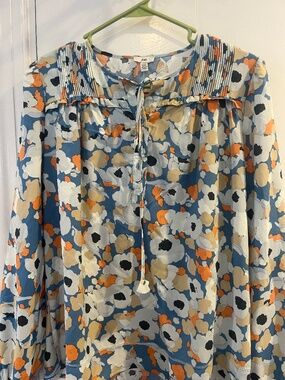 Joie Floral Fields Blouse NWT XS Blue Orange Boho Tie Neck Long Sleeve Top